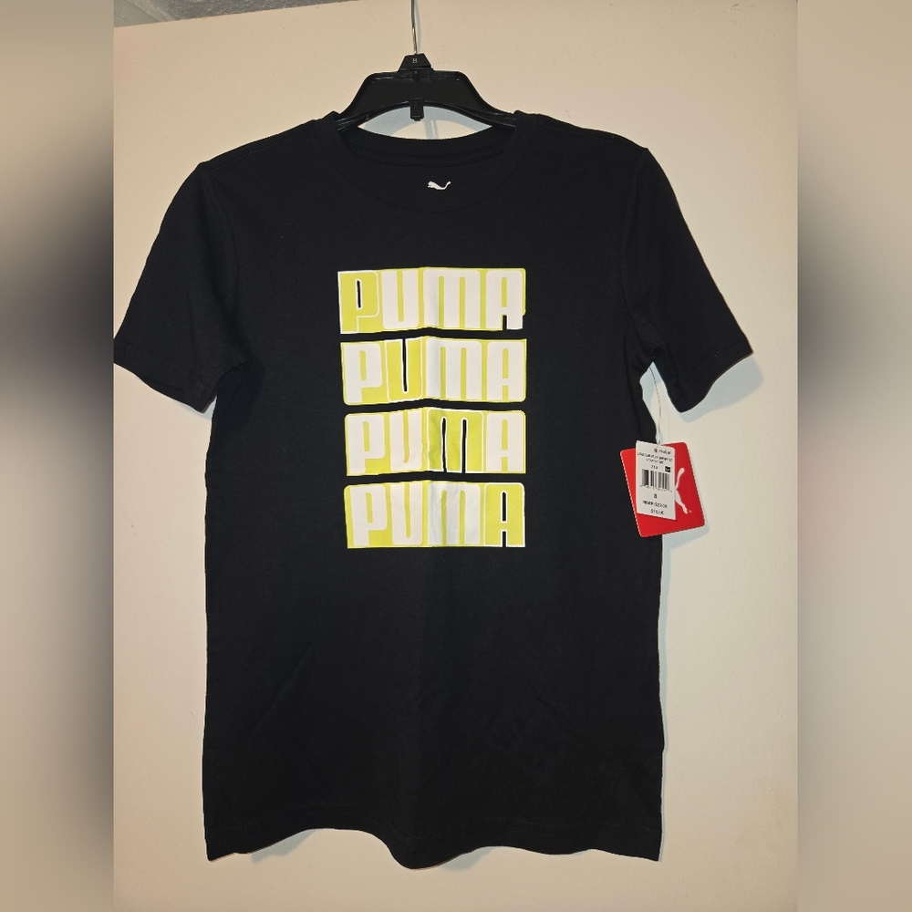 Brand new with tags Puma kids shirt medium 8. Black with bright yellow green